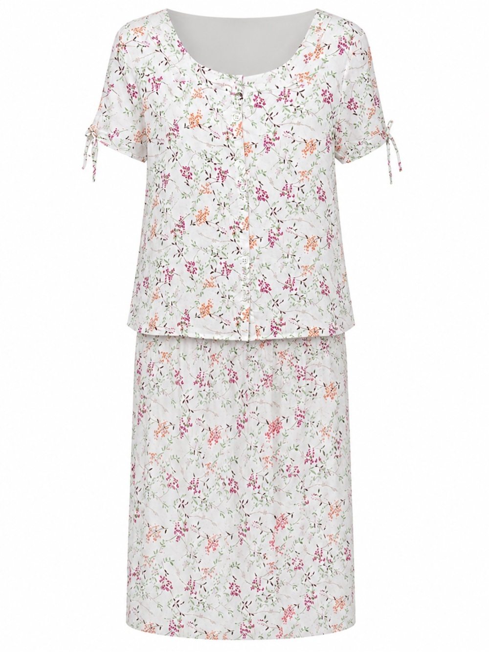 Women's Floral Two-Piece Sleep Set - White with Pink & Green Floral